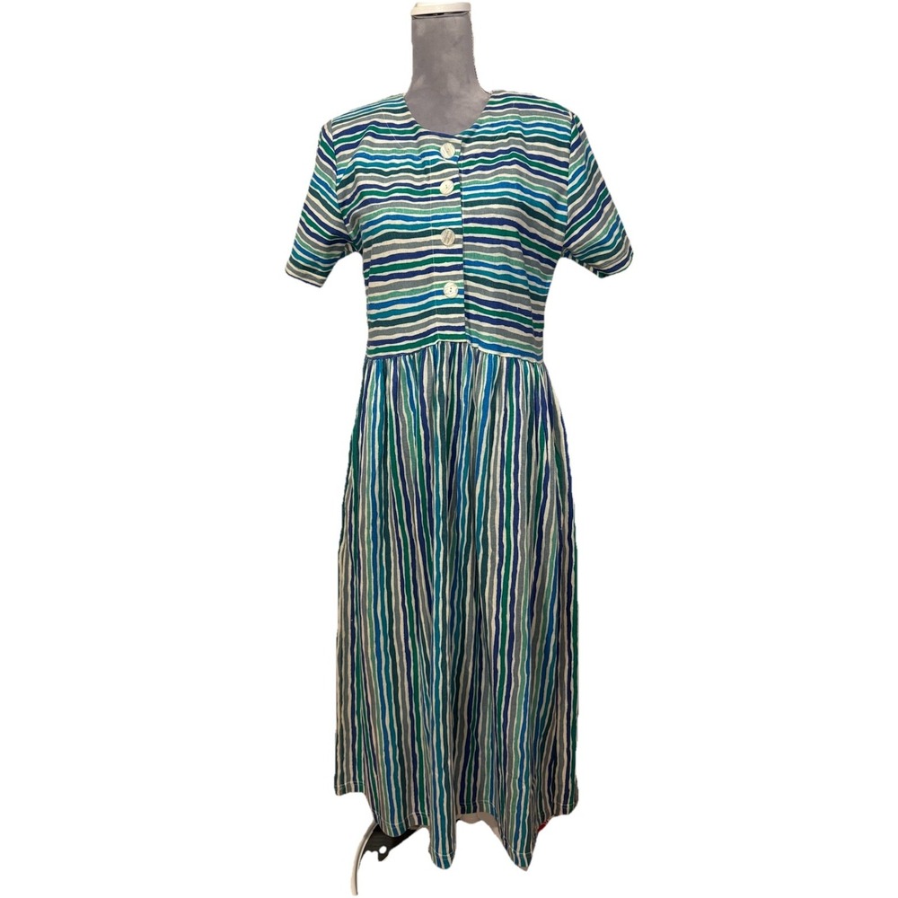FADS Vintage 80s 90s Blue Striped Cotton Boxy Dress Sz M Cottagecore Modest